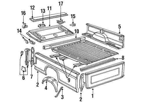 1991 Ford F-250 Tail Gate, Front & Side Panels, Floor Handle, Outside Diagram for F1TZ-9943400-A