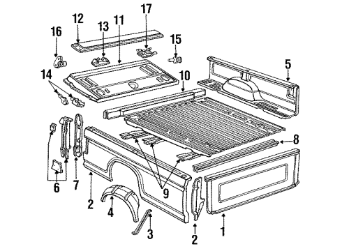 1987 Ford F-250 Tail Gate, Front & Side Panels, Floor Lock Diagram for E8TZ-99431D77-B