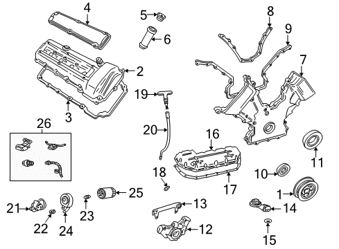 2000 Lincoln LS Engine Parts, Mounts, Cylinder Head & Valves, Camshaft & Timing, Oil Cooler, Oil Pan, Oil Pump, Crankshaft & Bearings, Pistons, Rings & Bearings Screen Gasket Diagram for XW4Z-6626-AA