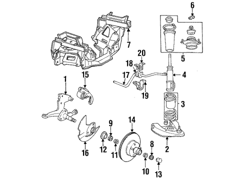 1992 Ford Mustang Front Suspension Components, Lower Control Arm, Stabilizer Bar Strut Diagram for 5U2Z-18V124-ZB