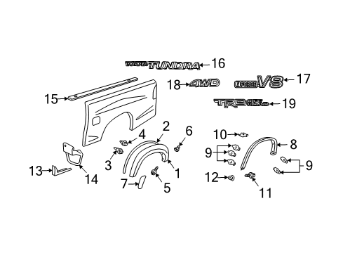 2004 Toyota Tundra Exterior Trim - Pick Up Box Wheel Opening Molding Retainer Diagram for 75392-0C090