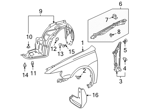 2007 Acura TSX Fender & Components, Exterior Trim Fender, Left Front (Inner) Diagram for 74151-SEA-J00