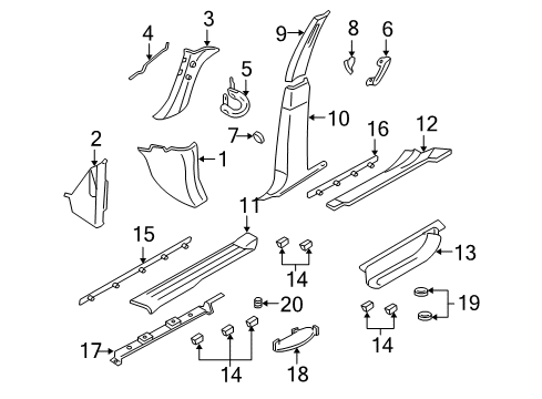 2004 Lincoln Navigator Interior Trim - Pillars, Rocker & Floor Weatherstrip Pillar Trim Diagram for 2L7Z-7803598-AAC