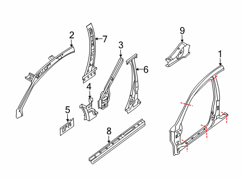 2008 Nissan Altima Center Pillar & Rocker, Hinge Pillar, Uniside Brace Assy-Pillar, Upper Hinge Diagram for 76261-JA030