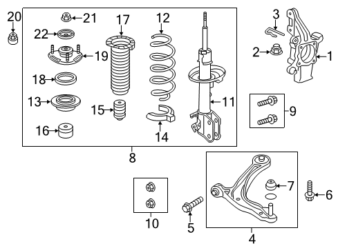 2011 Honda Odyssey Front Suspension Components, Lower Control Arm, Stabilizer Bar Shock Absorber Unit, Left Front Diagram for 51606-TK8-A03