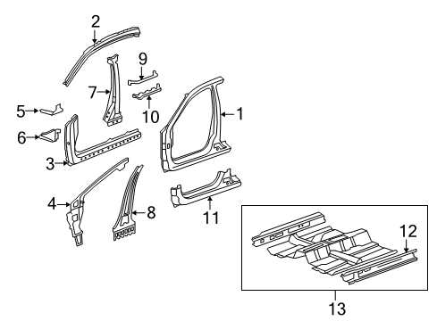 2011 Acura TSX Aperture Panel, Center Pillar, Floor & Rails, Hinge Pillar, Rocker Sill, Right Front Inside Diagram for 65140-TL2-A10ZZ