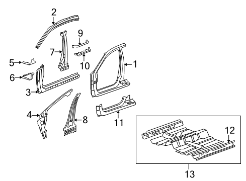 2011 Acura TSX Aperture Panel, Center Pillar, Floor & Rails, Hinge Pillar, Rocker Floor, Front Diagram for 65100-TL2-A10ZZ