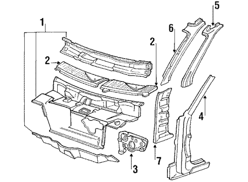 1988 Pontiac LeMans Cowl PANEL, Shroud and Dash and Vent Duct Panel Diagram for 90245116