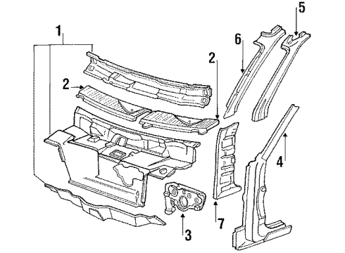 1988 Pontiac LeMans Cowl WEATHERSTRIP, Hood Panel Diagram for 90221989