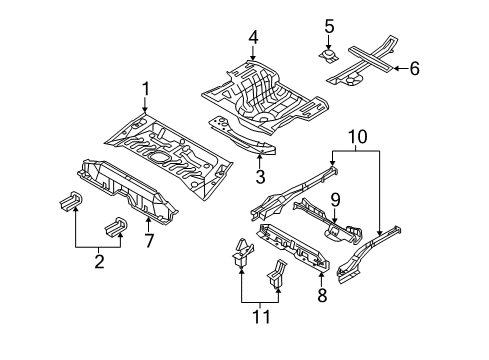 2009 Kia Rio Rear Body - Floor & Rails Extension Assembly-Rear Floor Front Diagram for 658141G300