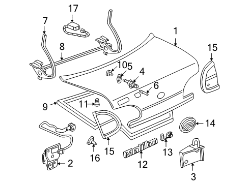 1997 Chevrolet Malibu Trunk Lid Lock Cylinder Rivet Diagram for 12338153