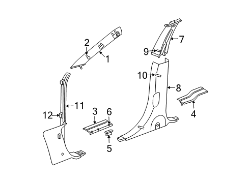 2008 Chrysler Pacifica Interior Trim - Pillars, Rocker & Floor Molding-A Pillar Diagram for YL06RXFAE