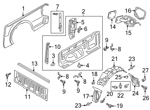 2021 Ford Ranger Front & Side Panels Wheelhouse Liner Diagram for KB3Z-9928370-A