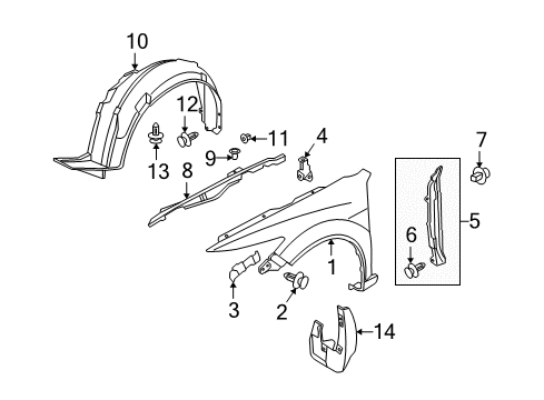 2012 Acura TSX Fender & Components, Exterior Trim Garnish, Left Front Fender Diagram for 74207-TL0-G00