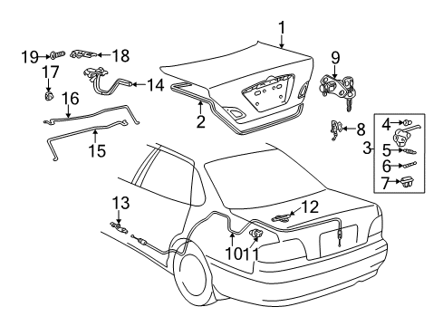 2000 Toyota Avalon Trunk Lock Assembly Diagram for 64610-AC030