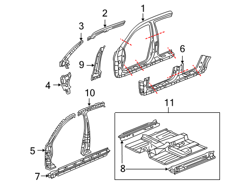 2003 Honda Accord Aperture Panel, Center Pillar, Floor & Rails, Hinge Pillar, Rocker Pillar, R. Center (Inner) Diagram for 64220-SDA-A00ZZ