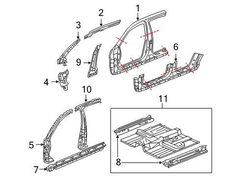 2003 Honda Accord Aperture Panel, Center Pillar, Floor & Rails, Hinge Pillar, Rocker Rail, R. Roof Side Diagram for 64210-SDA-A01ZZ