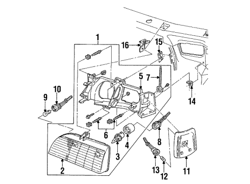 1988 Ford Taurus Headlamp Components, Side Marker Lamps Adjust Bar Diagram for E6DZ13K040B