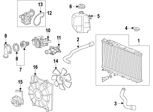 2009 Honda Fit Cooling System, Radiator, Water Pump, Cooling Fan Cover, Water Outlet Diagram for 19315-RB0-000