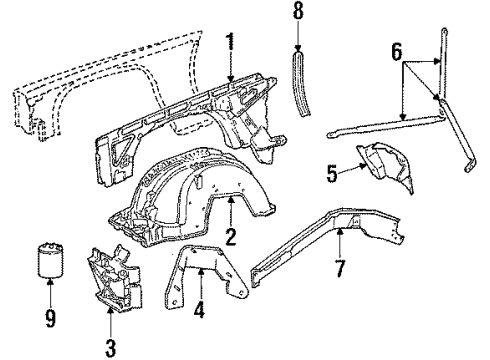 1990 Cadillac Brougham Emission Components Shld-Front Wheelhouse Panel Splash (Rear) Diagram for 1617142