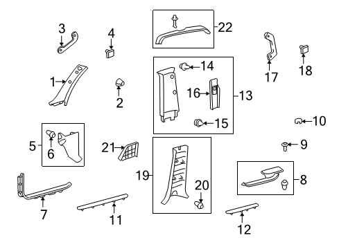 2010 Toyota Land Cruiser Interior Trim - Pillars, Rocker & Floor Windshield Pillar Trim Clip Diagram for 62217-35010