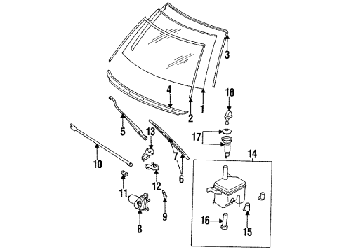 1987 Nissan Stanza Windshield Glass, Wiper Components, Reveal Moldings Wiper Blade Refill Diagram for B8891-47086