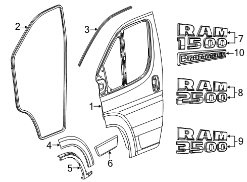 2015 Ram ProMaster 2500 Front Door & Components, Exterior Trim Front Door Opening Diagram for 68465082AA