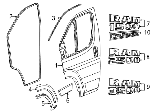 2020 Ram ProMaster 2500 Door & Components, Exterior Trim Molding-Door Outside Diagram for 1ZT58JXWAB