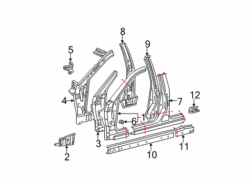 2002 Lexus ES300 Center Pillar & Rocker, Hinge Pillar Reinforce Sub-Assy, Front Body Pillar, Lower LH Diagram for 61104-33020