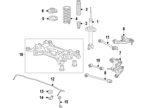 2012 Honda Accord Rear Suspension Components, Lower Control Arm, Upper Control Arm, Stabilizer Bar Rubber, Rear Bump Stop Diagram for 52722-TA5-A01