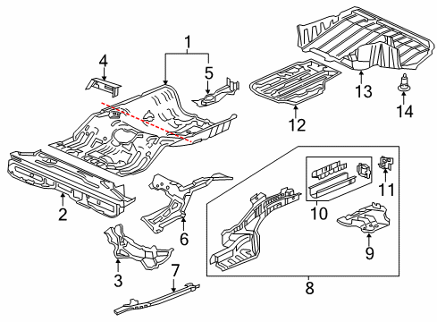 2021 Acura ILX Rear Floor & Rails Gusset, Rear Floor Crossmember (Upper) Diagram for 74671-TX6-A00