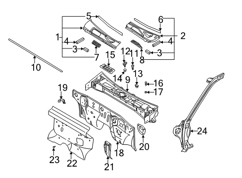 1999 Nissan Frontier Cab Cowl, Hinge Pillar GROMMET-BAFFLE COWL Top Diagram for 80874-85E00