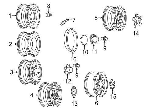 1999 Chevrolet S10 Wheels, Covers & Trim Wheel Rim Assembly-16X8 Front (Silver) *Silver T Diagram for 15093536