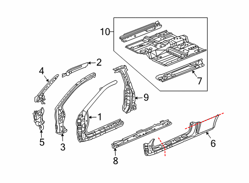 2007 Honda Accord Aperture Panel, Center Pillar, Floor & Rails, Hinge Pillar, Rocker Pillar Set, L. FR. (Upper) (Inner) Diagram for 04647-SDN-A00ZZ