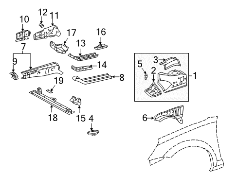 2000 Toyota MR2 Spyder Structural Components & Rails Bracket Diagram for 53235-17010
