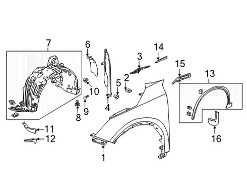2022 Acura MDX Fender & Components, Exterior Trim Fender Assembly Right, Front Diagram for 74101-TYA-A00