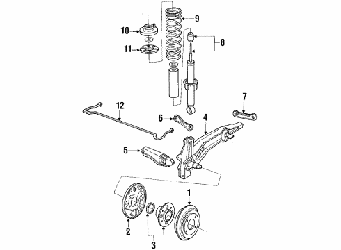 1988 Honda CRX Rear Suspension Components, Lower Control Arm, Upper Control Arm, Stabilizer Bar Plate, Left Rear Brake Backing Diagram for 43120-SH3-013