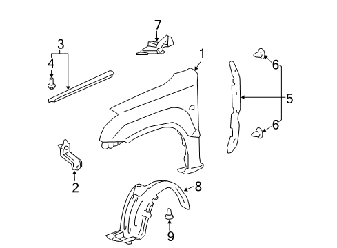 2007 Lexus GX470 Fender & Components Seal, Hood To Front Fender, LH Diagram for 53389-60011