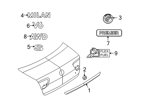 2010 Mercury Milan Exterior Trim - Trunk Lid Molding Diagram for 6N7Z-5442512-AA