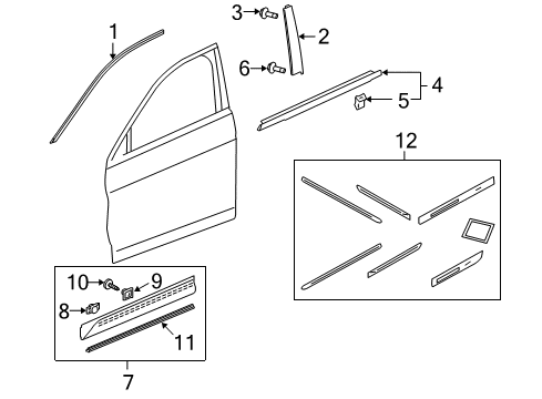 2012 Honda Crosstour Exterior Trim - Front Door Garnish, R. FR. Door Center Pillar Diagram for 72430-TP6-A00