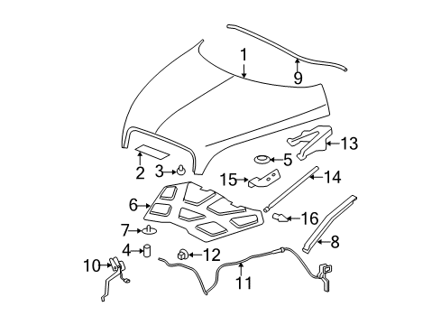 2008 Chevrolet HHR Hood & Components Support Strut Diagram for 22714717