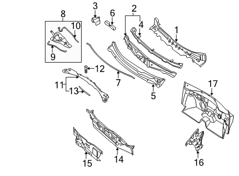 2007 Nissan Altima Cowl Reinforce COWL Top LH Diagram for 66361-ZN50A