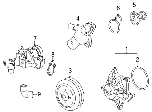 2009 Cadillac XLR Cooling System, Radiator, Water Pump, Cooling Fan Water Outlet Assembly Diagram for 12581546