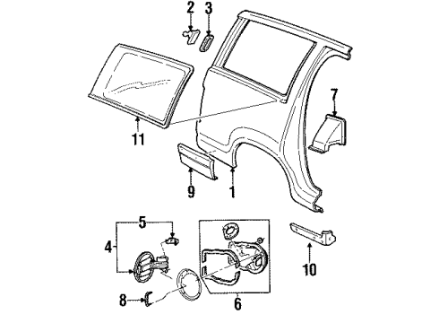 2000 Mercury Mountaineer Quarter Panel & Components, Glass, Exterior Trim Body Side Molding Diagram for XL2Z-7829038-BAPTM