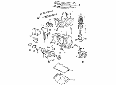 2002 Ford Escape Engine Parts, Mounts, Cylinder Head & Valves, Camshaft & Timing, Oil Cooler, Oil Pan, Oil Pump, Crankshaft & Bearings, Pistons, Rings & Bearings Front Mount Diagram for YL8Z-6038-EA