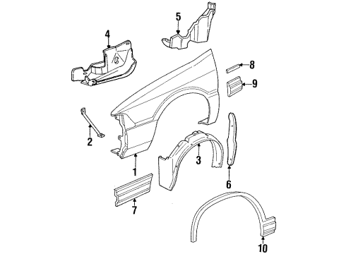 1993 Plymouth Acclaim Fender & Components, Exterior Trim Shield Fender W/HSE Splash Diagram for 4386326