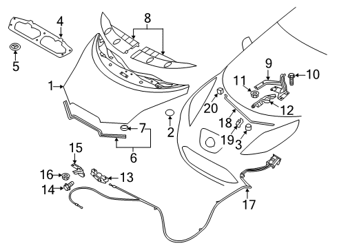 2013 Nissan Leaf Hood & Components Male Hood Lock Diagram for 65601-3NF0B