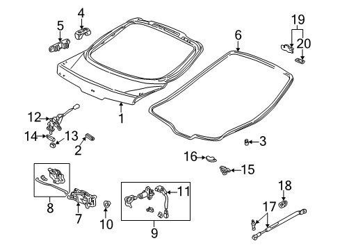 1998 Acura Integra Gate & Hardware Stay Assembly, Driver Side Tailgate Open Diagram for 74870-ST7-306
