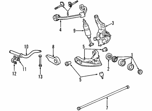 1998 Ford Explorer Front Suspension Components, Lower Control Arm, Upper Control Arm, Stabilizer Bar, Torsion Bar Bearing Assembly Diagram for EOZZ-7F431-A