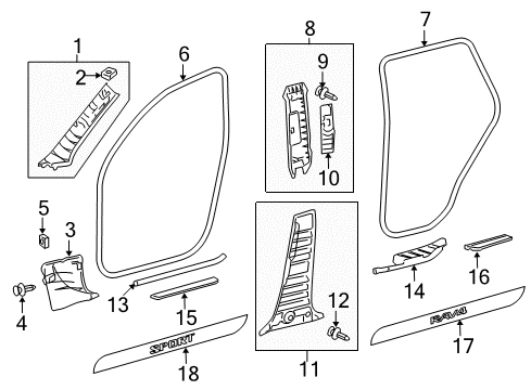 2012 Toyota RAV4 Interior Trim - Pillars, Rocker & Floor Windshield Pillar Trim Diagram for 62210-0R022-E0